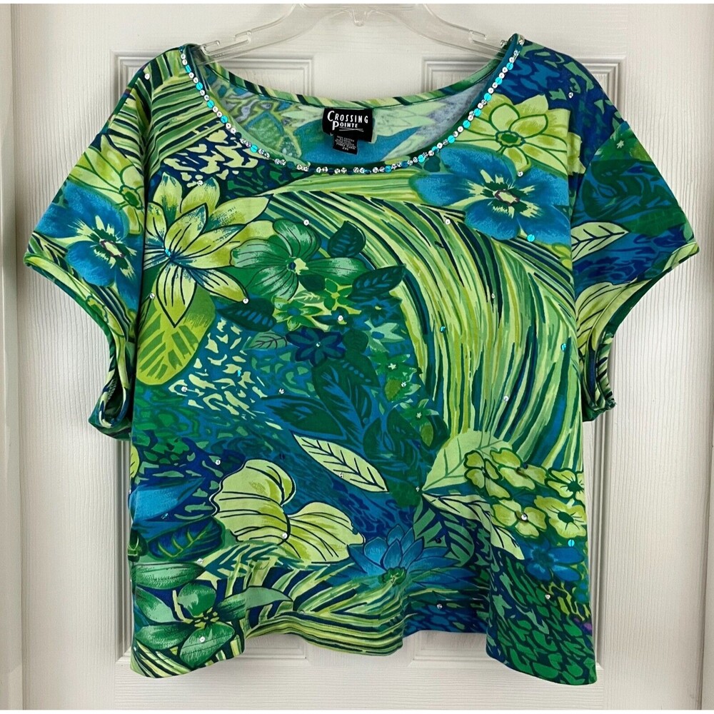 CROSSING POINTE - Blue & Green Sequin Embellished Short Sleeve Knit Top sz 2XL